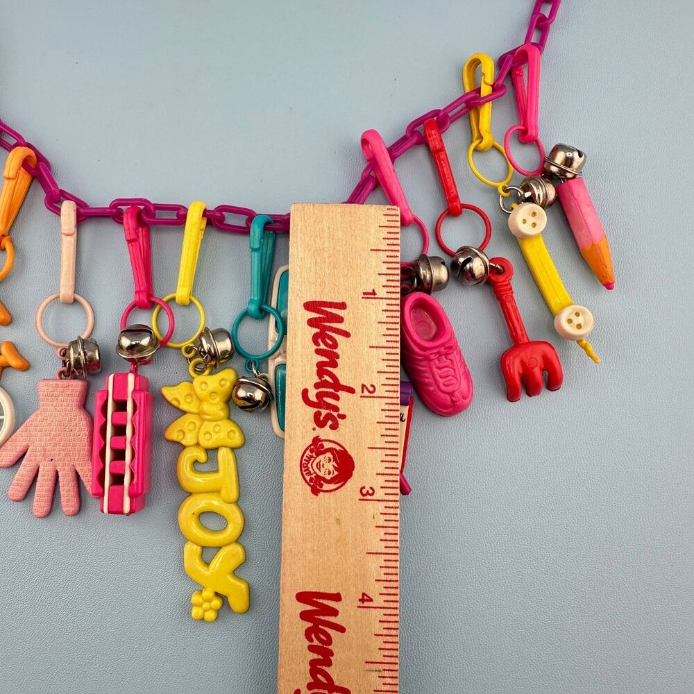1980s Vintage Bell Clip Charm Necklace 19 Plastic Charms Pink Chain Retro Kid - Picture 12 of 14